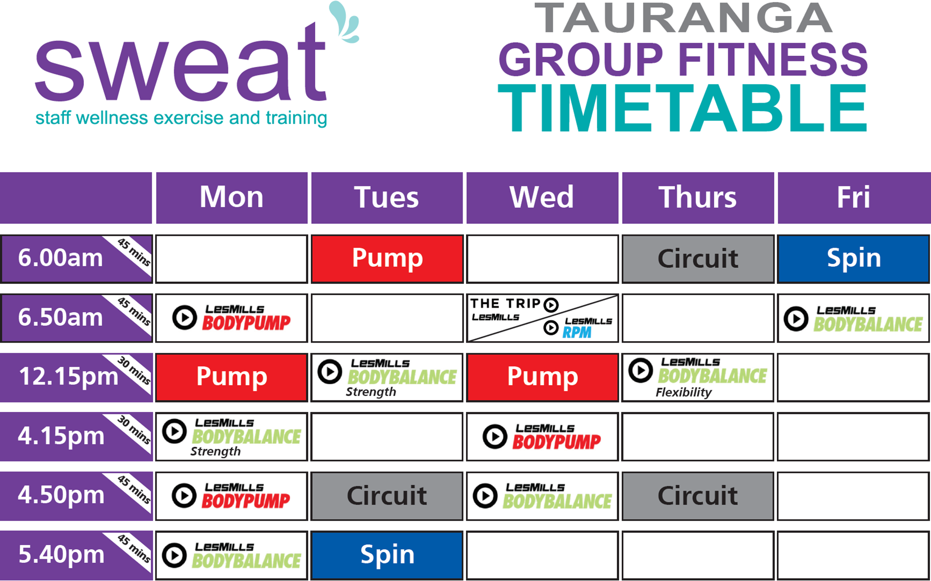 SWEAT TGA Group Fitness Calendar